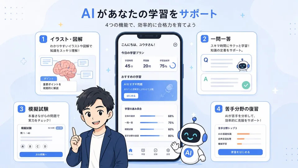 生成AIパスポート学習アプリの機能紹介イラスト