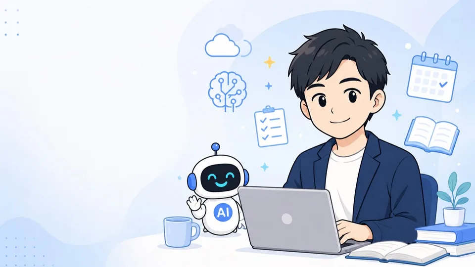 ノートPCでAI資格を学ぶ若い学習者とAIロボットのイラスト